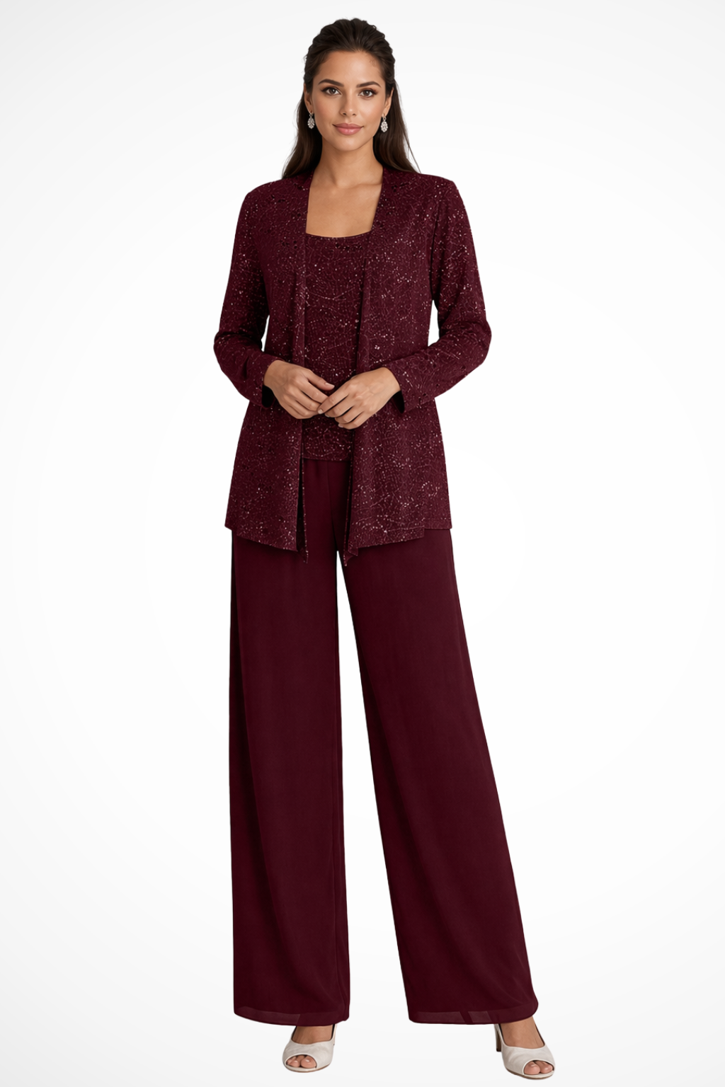 Tailleur Donna Tre Pezzi in Pizzo e Paillettes - Pantaloni Palazzo Cerimonia