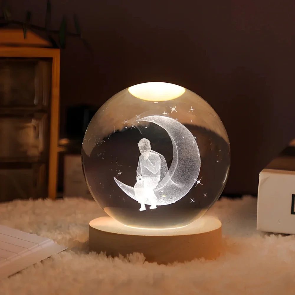 Sfera di Cristallo Luminosa 3D con Base LED in Legno - Lampada da Notte USB
