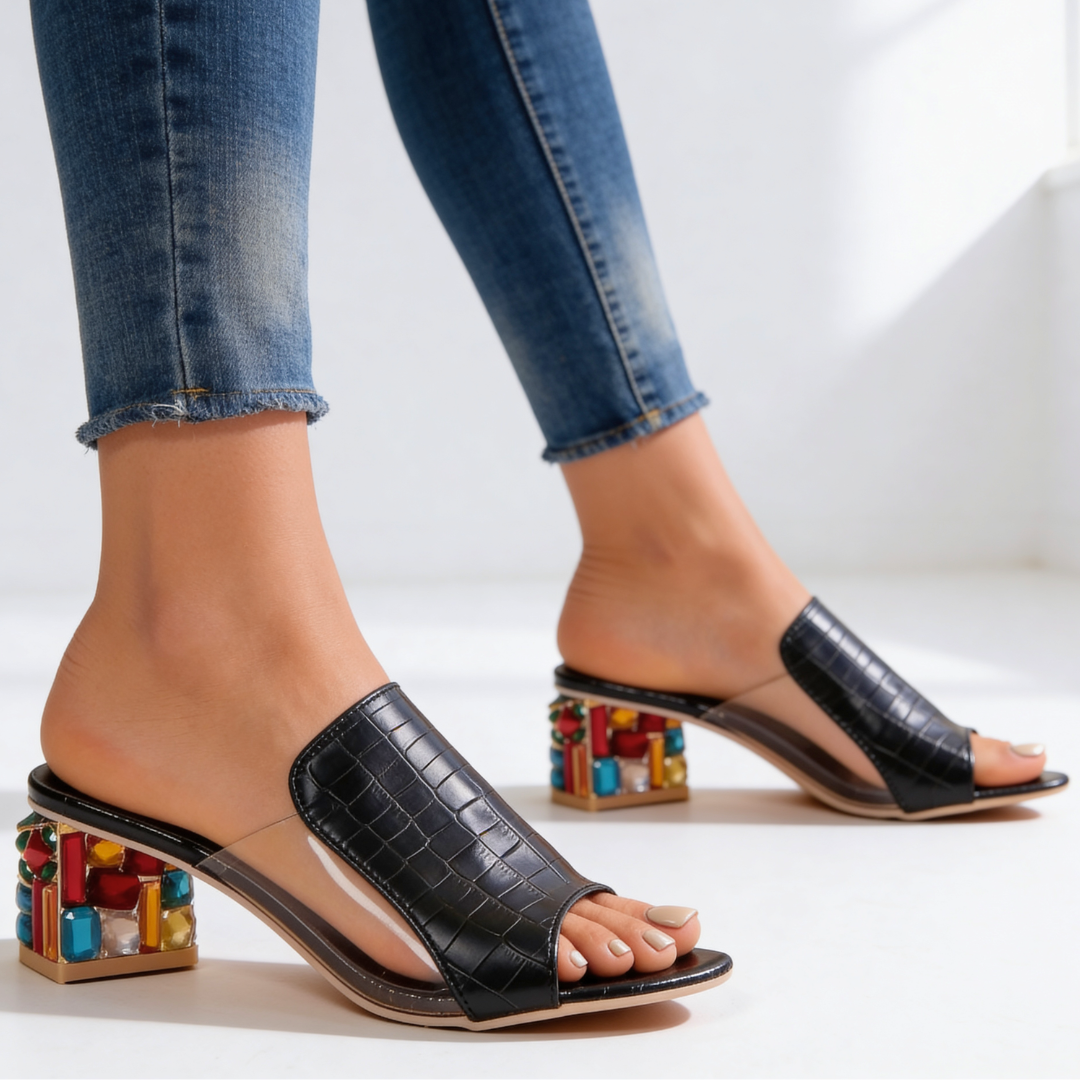 Sandali Donna Slide Tacco Gioiello con Strass Multicolor