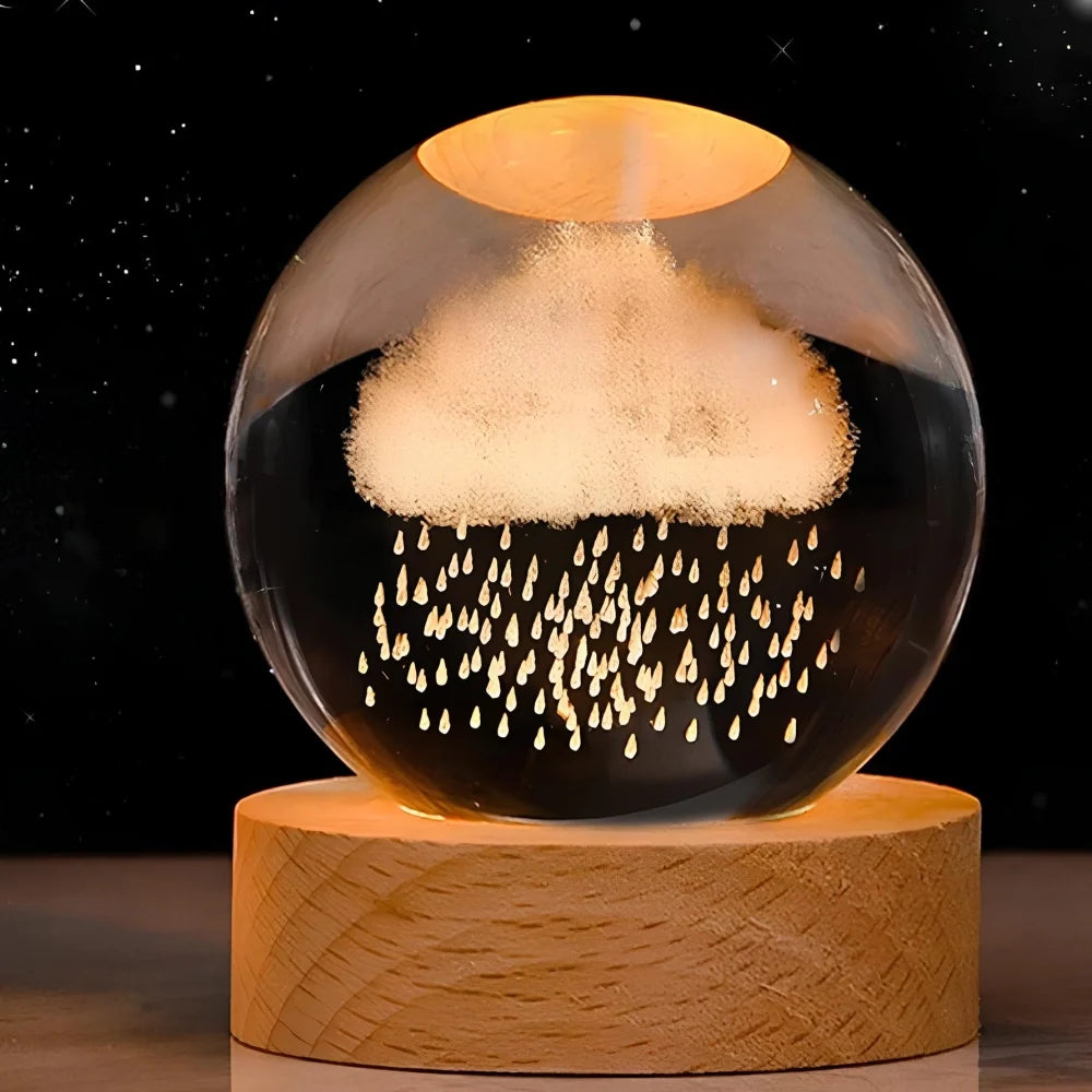 Sfera di Cristallo Luminosa 3D con Base LED in Legno - Lampada da Notte USB