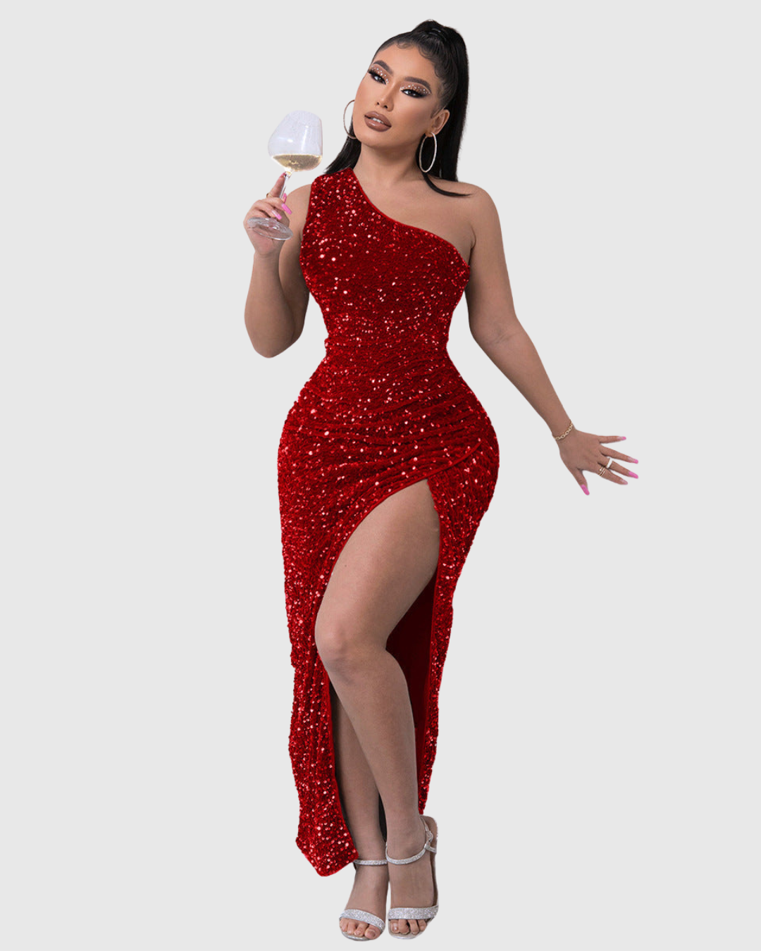 Abito da Sera Donna Monospalla con Paillettes - Lungo con Spacco