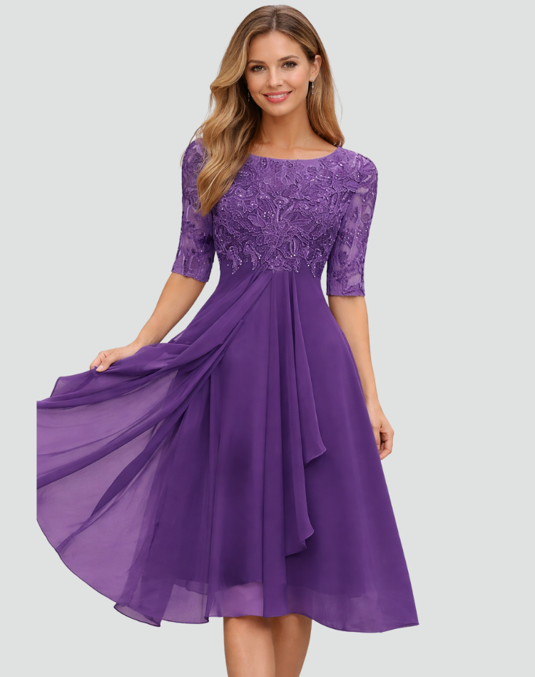 Abito Midi da Cerimonia Donna con Pizzo e Maniche a Tre Quarti