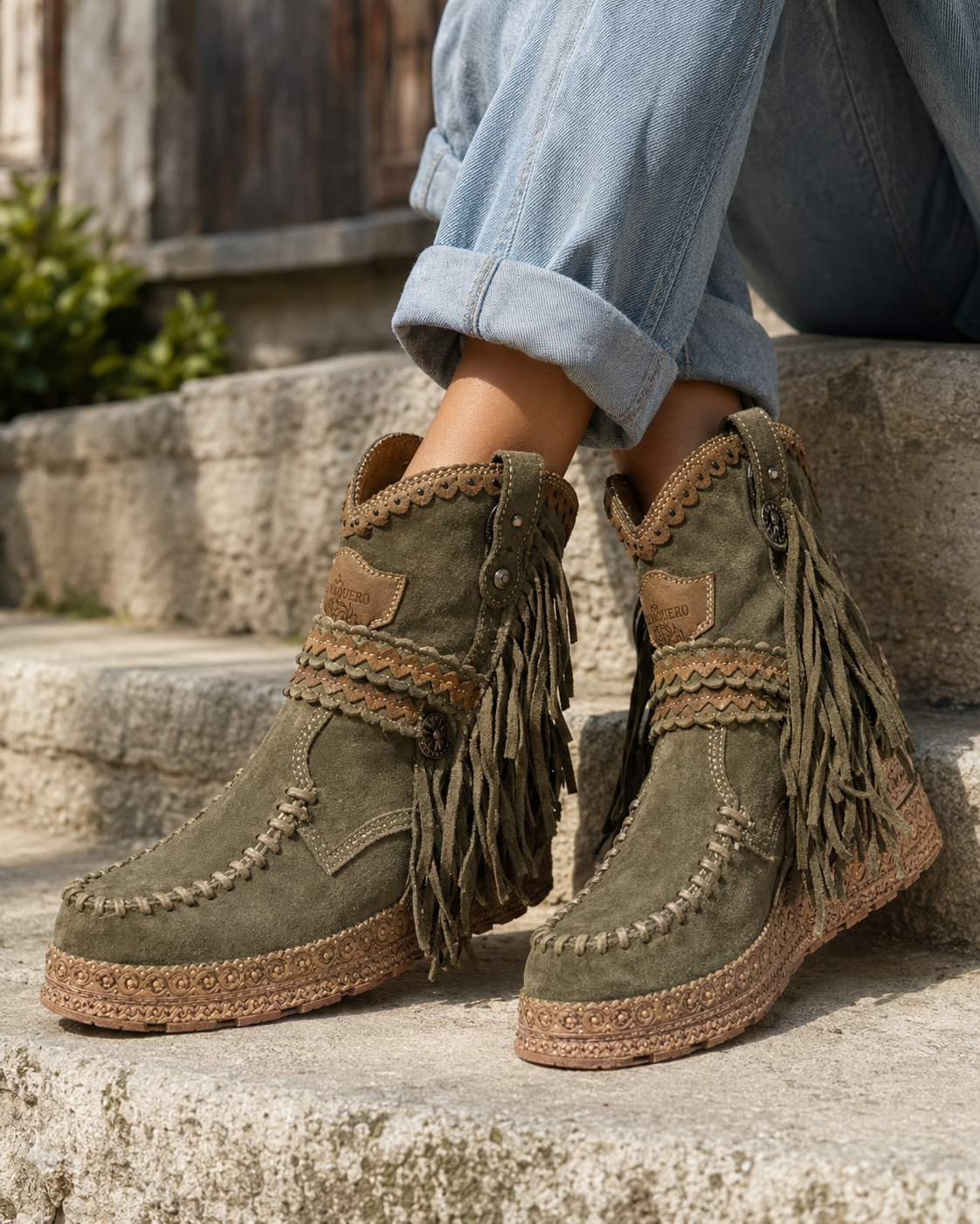 Stivali Western Donna in Camoscio con Frange e Suola Antiscivolo