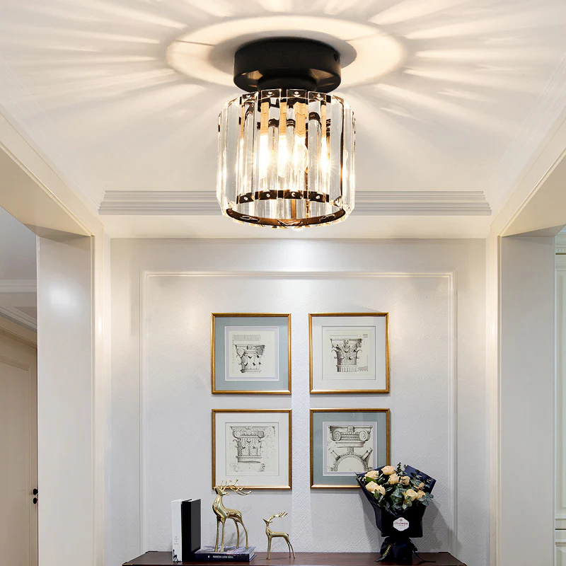 Plafoniera da Soffitto Nera con Paralume in Cristallo e Struttura in Ottone
