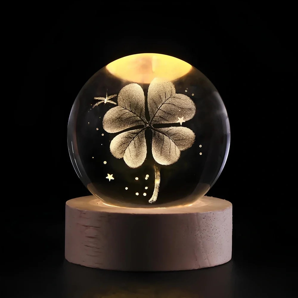 Sfera di Cristallo Luminosa 3D con Base LED in Legno - Lampada da Notte USB