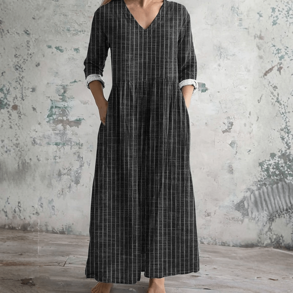 Vestito Donna a Righe Scollo V Manica Lunga