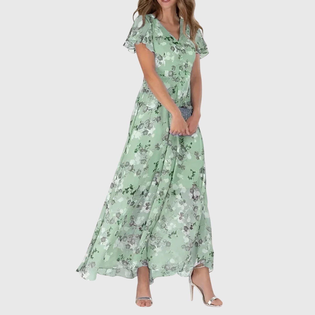 Vestito Maxi Donna Floreale con Scollo a V - Abito Fluido Estivo