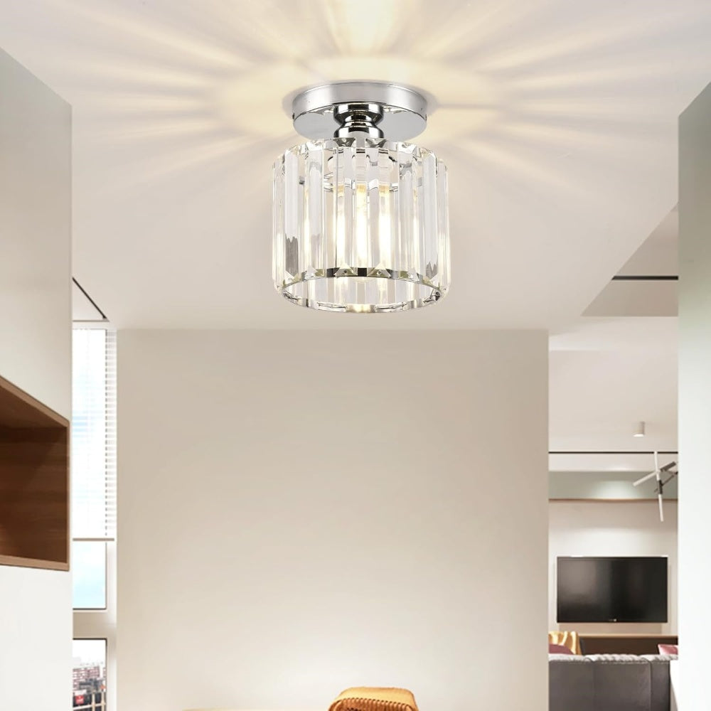 Plafoniera da Soffitto Nera con Paralume in Cristallo e Struttura in Ottone