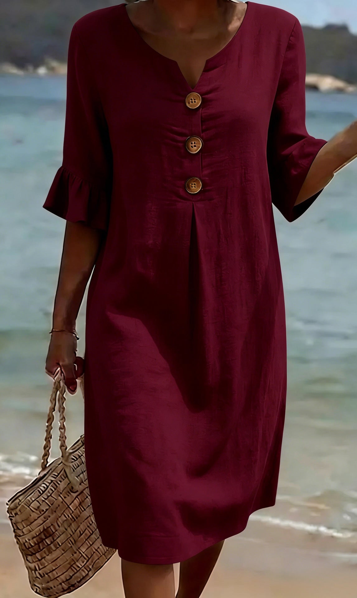 Vestito Donna Elegante Ampio in Poliestere con Bottoni