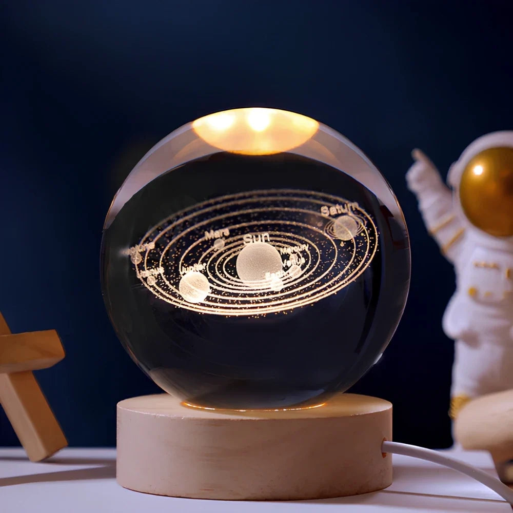 Sfera di Cristallo Luminosa 3D con Base LED in Legno - Lampada da Notte USB