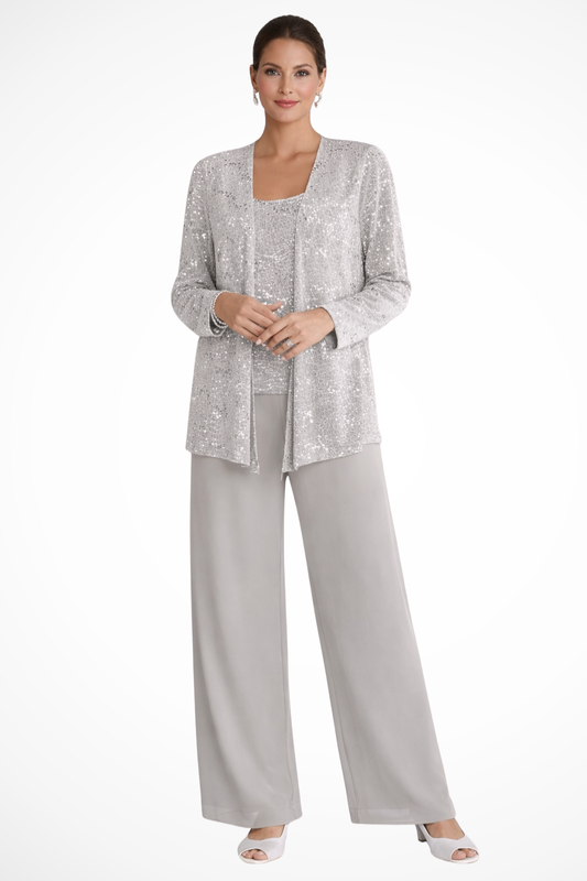Tailleur Donna Tre Pezzi in Pizzo e Paillettes - Pantaloni Palazzo Cerimonia
