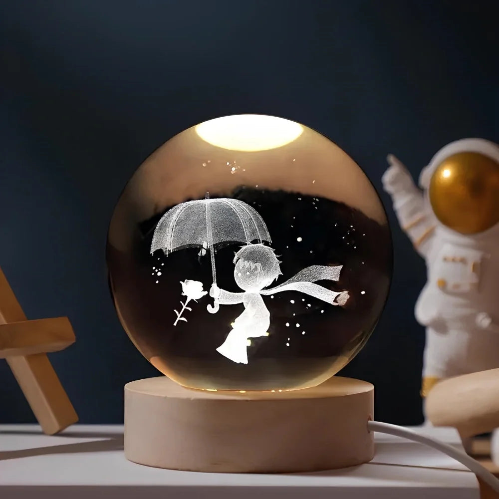 Sfera di Cristallo Luminosa 3D con Base LED in Legno - Lampada da Notte USB