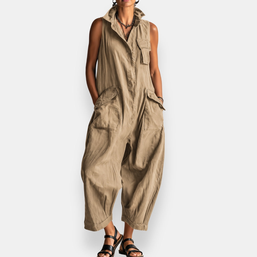 Tuta Jumpsuit Donna Senza Maniche Stile Cargo con Colletto