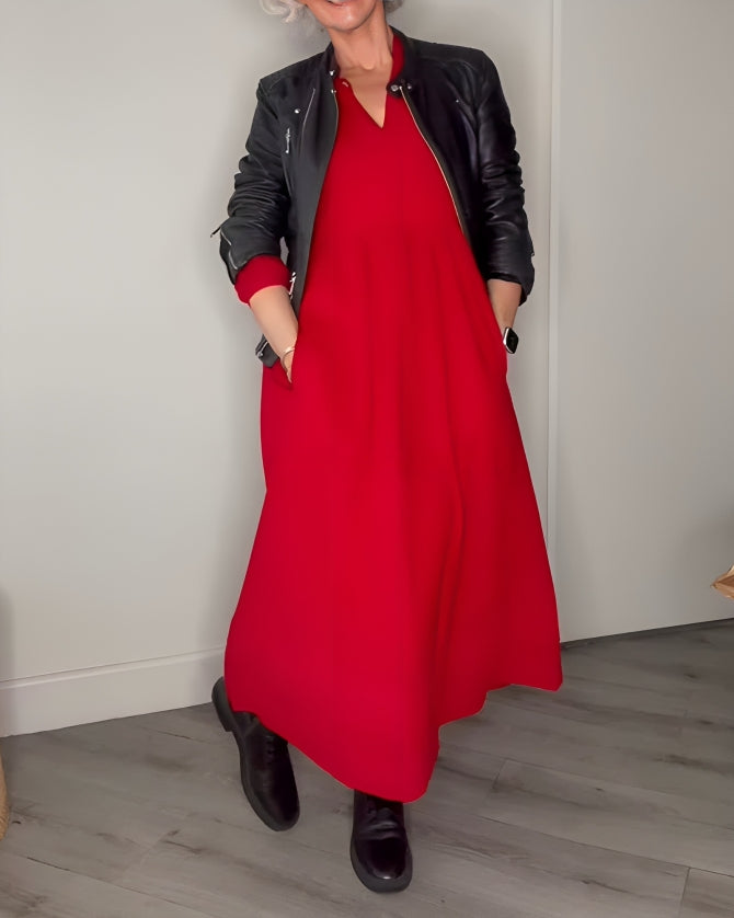Abito Lungo Donna Scollo a V - Maniche Lunghe in Cotone