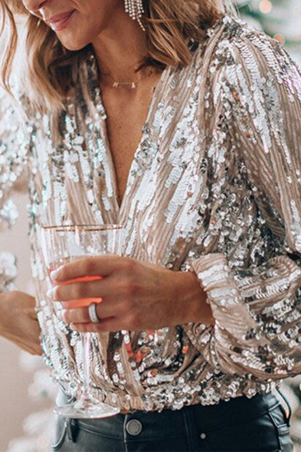 Blusa Brillante – Nera con Paillettes, Elegante Collo a V e Maniche a Palloncino per Feste o Serate Fuori