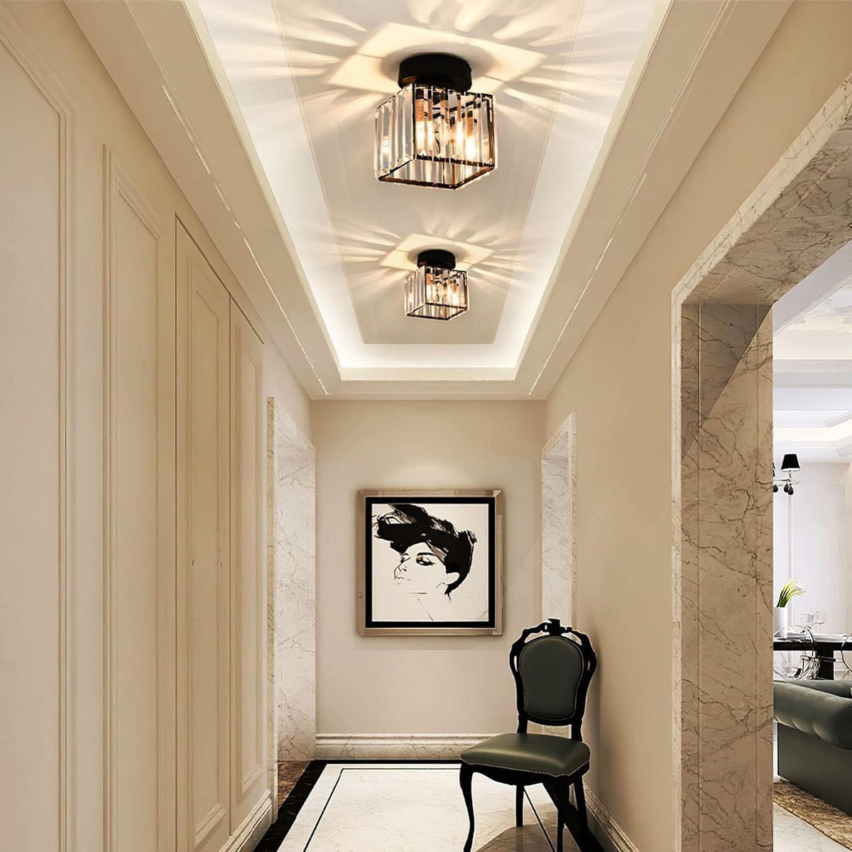 Plafoniera da Soffitto Nera con Paralume in Cristallo e Struttura in Ottone