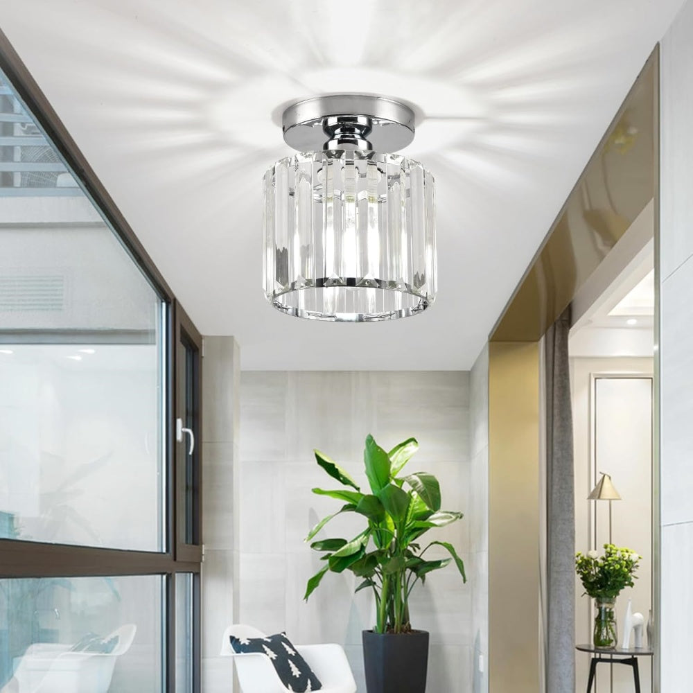 Plafoniera da Soffitto Nera con Paralume in Cristallo e Struttura in Ottone