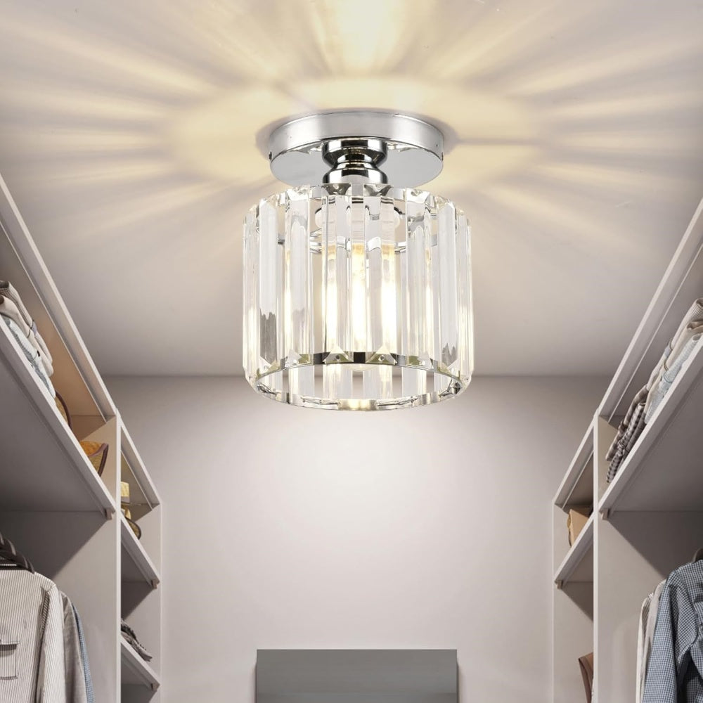 Plafoniera da Soffitto Nera con Paralume in Cristallo e Struttura in Ottone