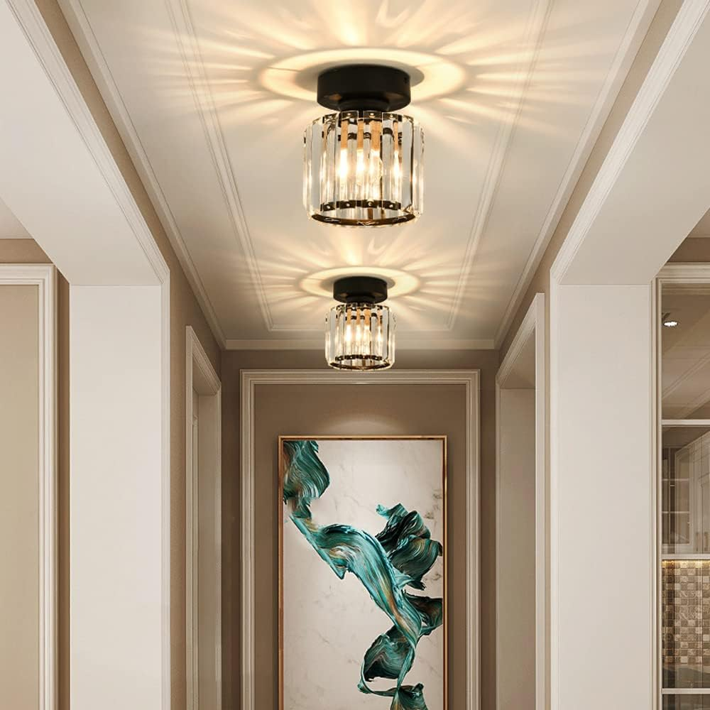 Plafoniera da Soffitto Nera con Paralume in Cristallo e Struttura in Ottone