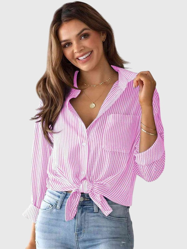 Camicia Donna a Righe con Colletto e Allacciatura Frontale