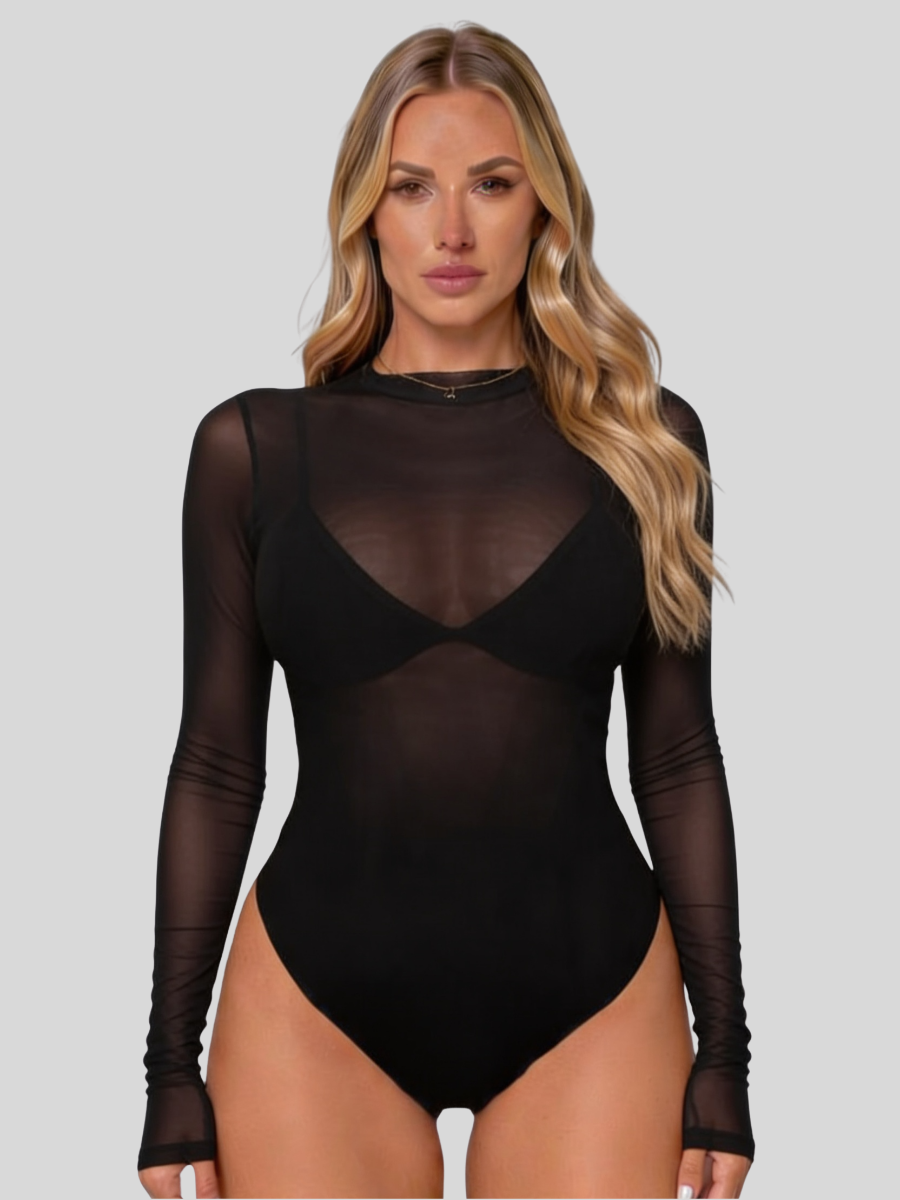 Body Donna in Rete Trasparente a Maniche Lunghe con Collo Alto
