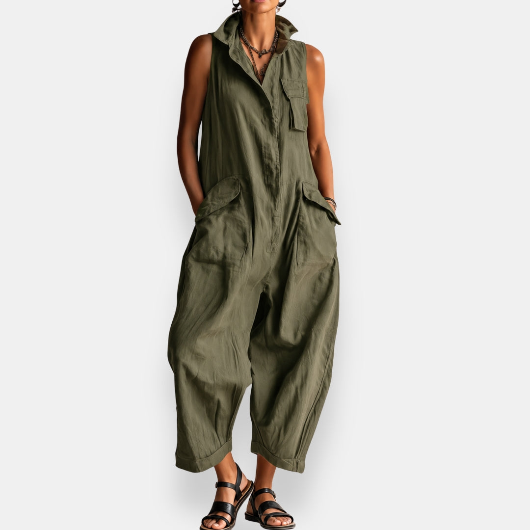 Tuta Jumpsuit Donna Senza Maniche Stile Cargo con Colletto