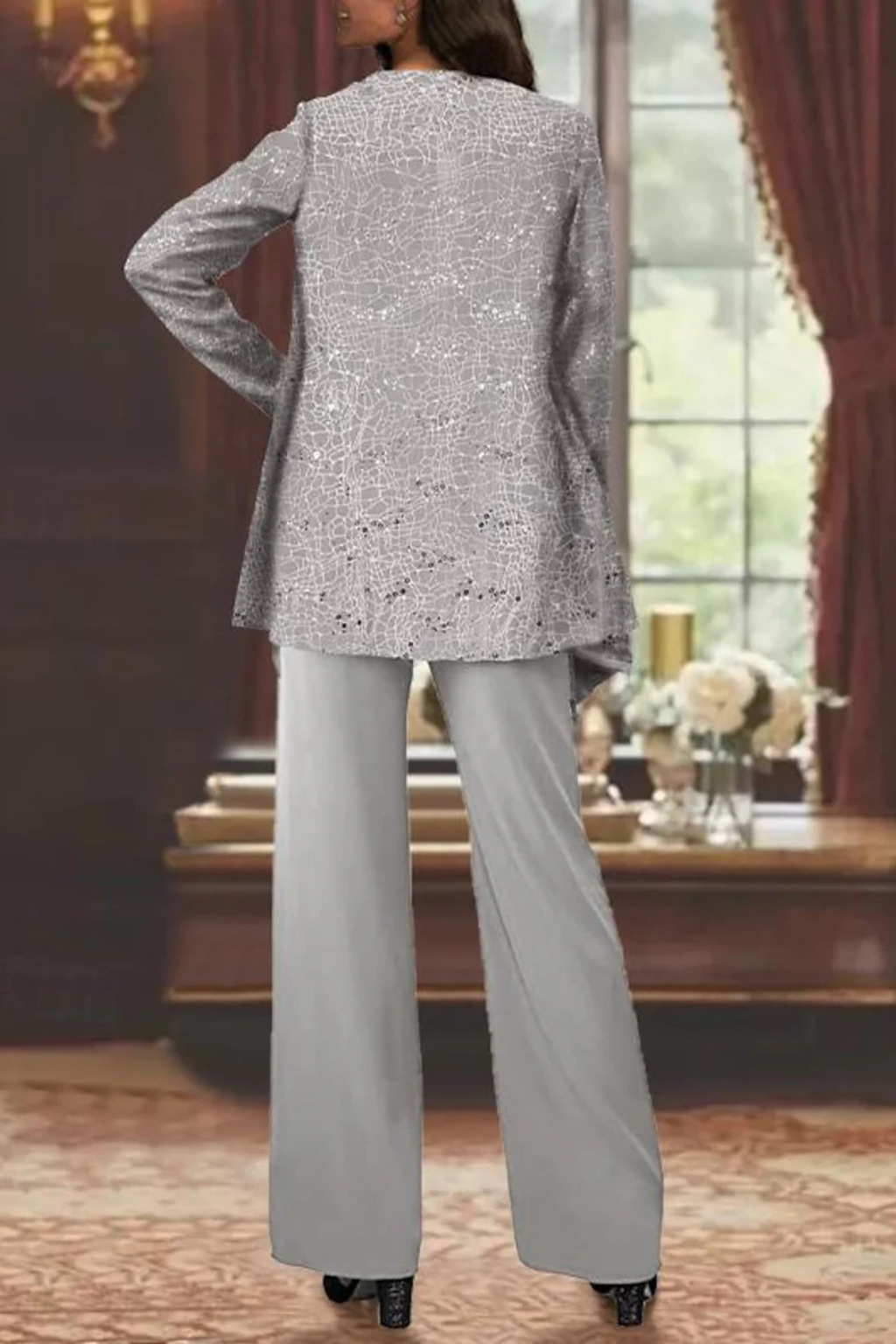 Tailleur Donna Tre Pezzi in Pizzo e Paillettes - Pantaloni Palazzo Cerimonia