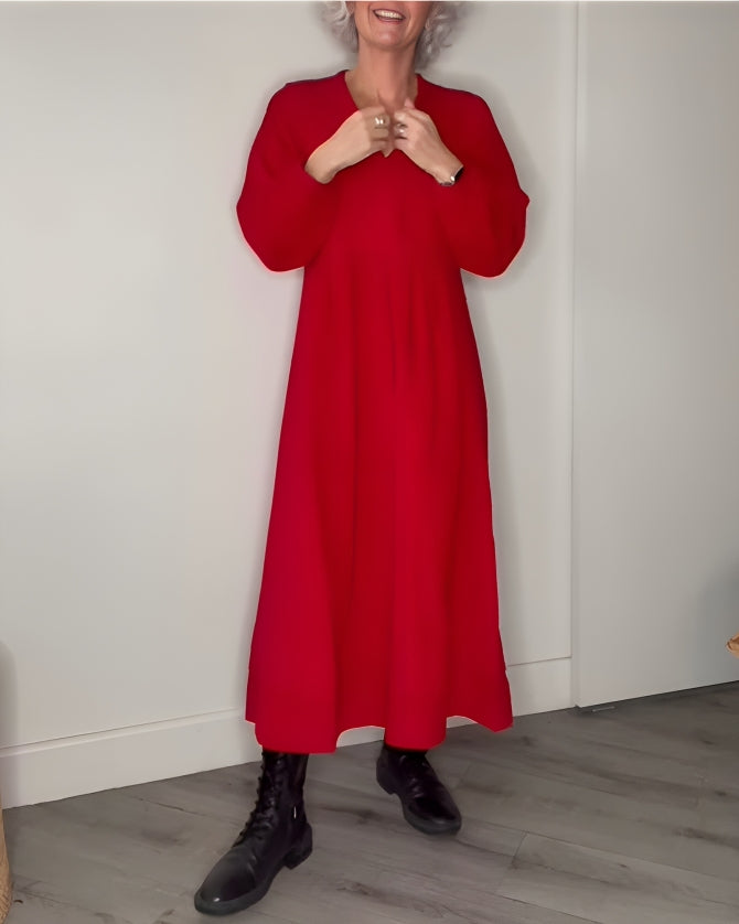 Abito Lungo Donna Scollo a V - Maniche Lunghe in Cotone