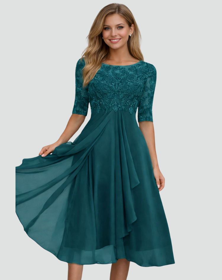 Abito Midi da Cerimonia Donna con Pizzo e Maniche a Tre Quarti