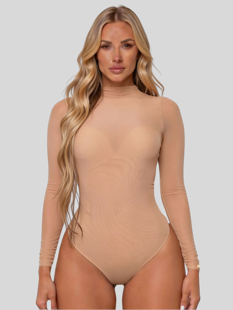 Body Donna in Rete Trasparente a Maniche Lunghe con Collo Alto