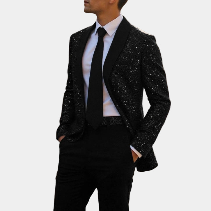 Giacca Elegante Uomo Glitterata con Collo a Scialle in Raso