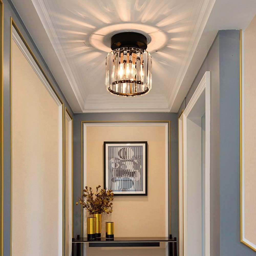 Plafoniera da Soffitto Nera con Paralume in Cristallo e Struttura in Ottone