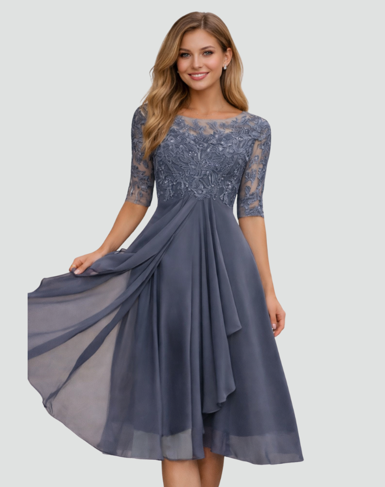 Abito Midi da Cerimonia Donna con Pizzo e Maniche a Tre Quarti