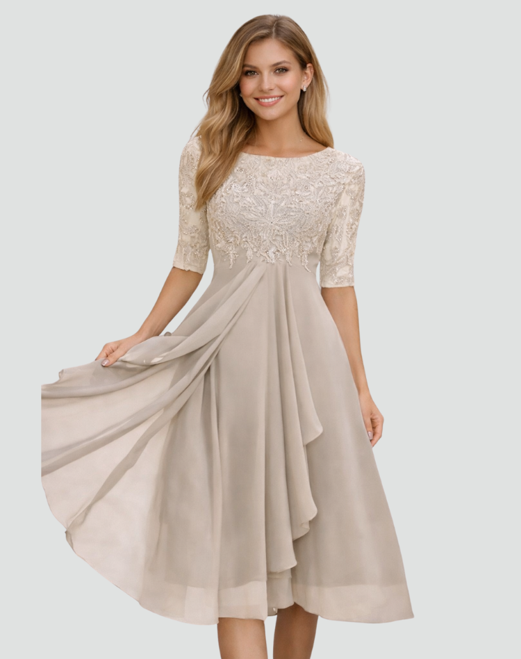Abito Midi da Cerimonia Donna con Pizzo e Maniche a Tre Quarti