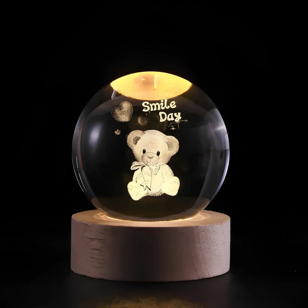 Sfera di Cristallo Luminosa 3D con Base LED in Legno - Lampada da Notte USB