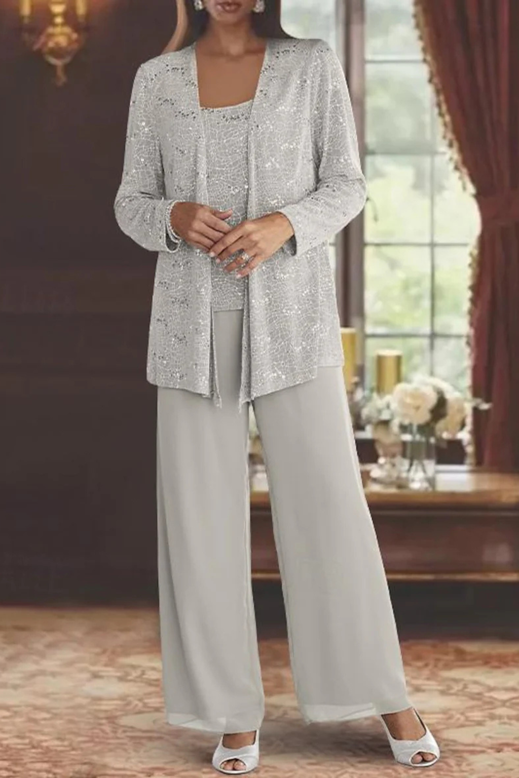 Tailleur Donna Tre Pezzi in Pizzo e Paillettes - Pantaloni Palazzo Cerimonia