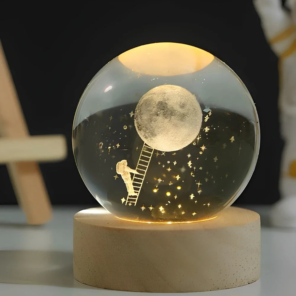 Sfera di Cristallo Luminosa 3D con Base LED in Legno - Lampada da Notte USB