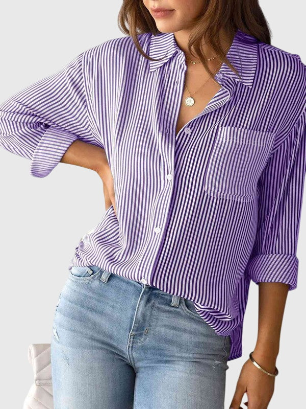 Camicia Donna a Righe con Colletto e Allacciatura Frontale
