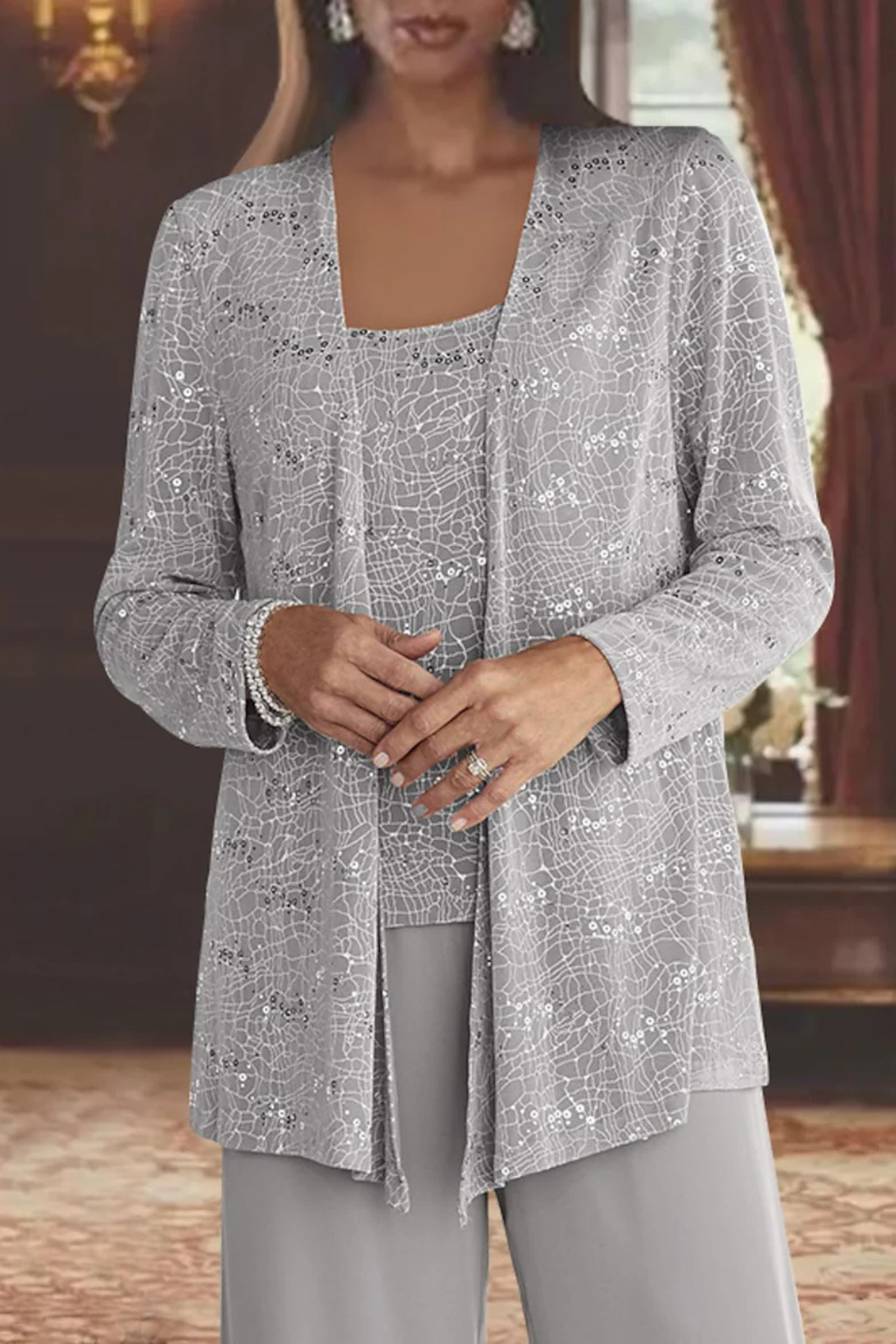 Tailleur Donna Tre Pezzi in Pizzo e Paillettes - Pantaloni Palazzo Cerimonia