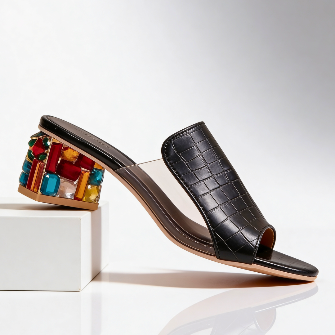 Sandali Donna Slide Tacco Gioiello con Strass Multicolor