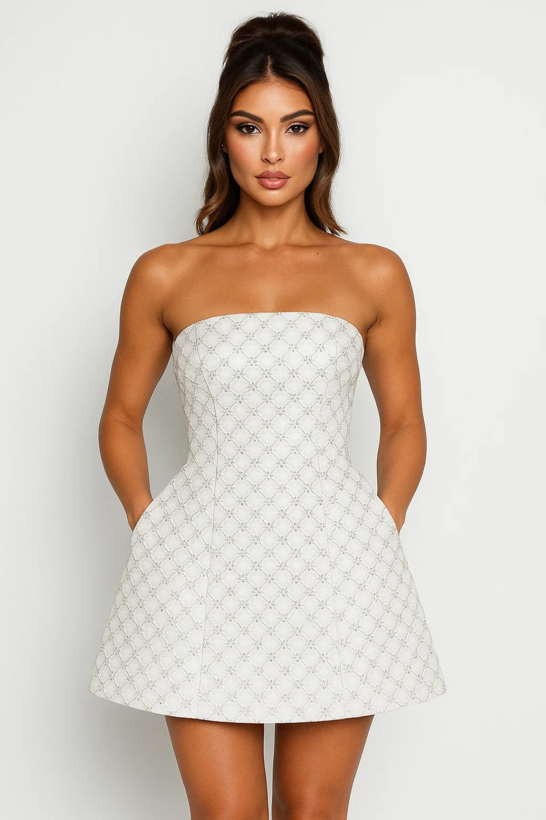 Vestito Donna Mini Senza Spalline Scampanato - Abito Cerimonia Elegante