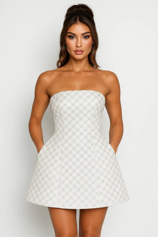 Vestito Donna Mini Senza Spalline Scampanato - Abito Cerimonia Elegante