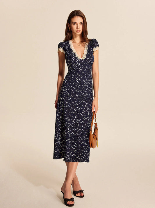 Abito Midi Donna a Pois con Scollo a V Profondo e Pizzo