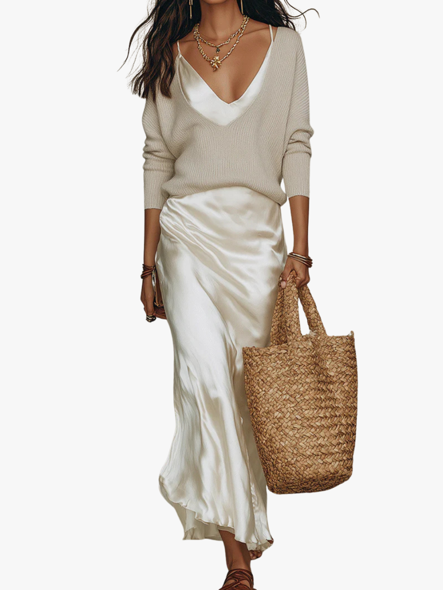 Abito Midi Donna in Raso con Cardigan in Maglia - Set 2 Pezzi