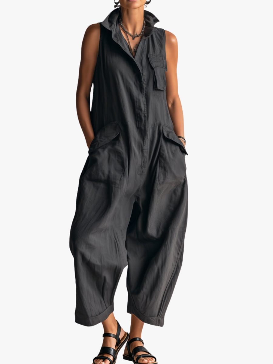 Tuta Jumpsuit Donna Senza Maniche Stile Cargo con Colletto
