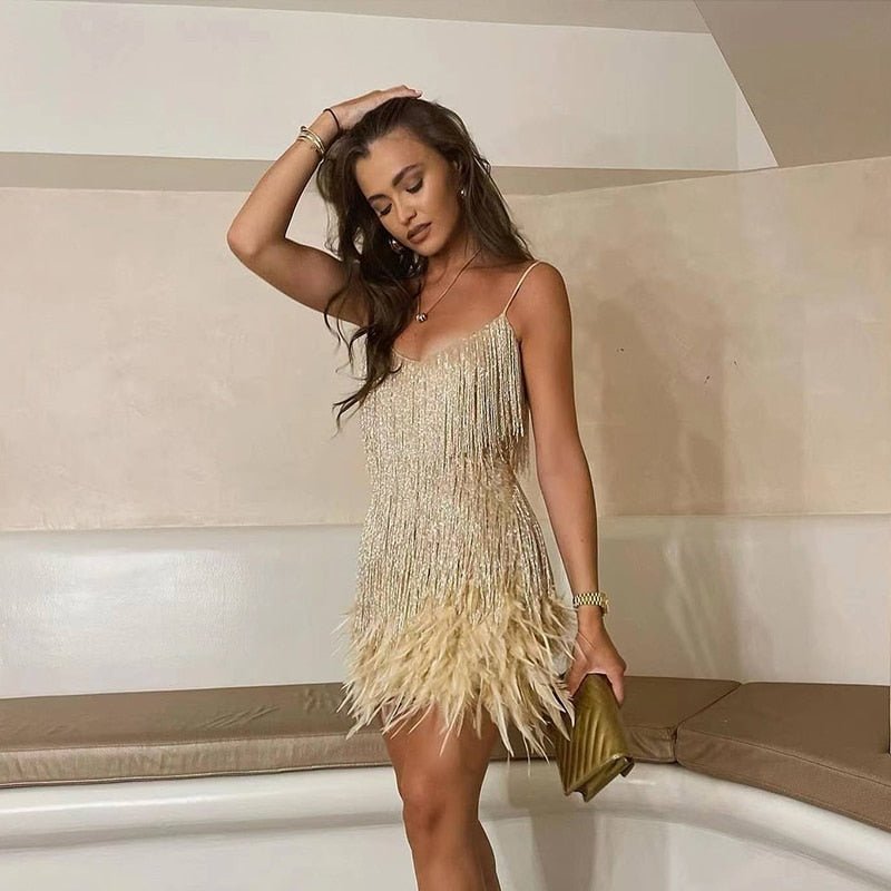Mini Abito Donna con Piume – Vestito da Sera Glamour