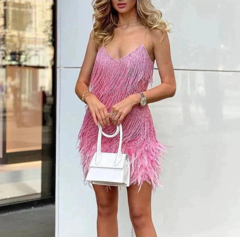 Mini Abito Donna con Piume – Vestito da Sera Glamour