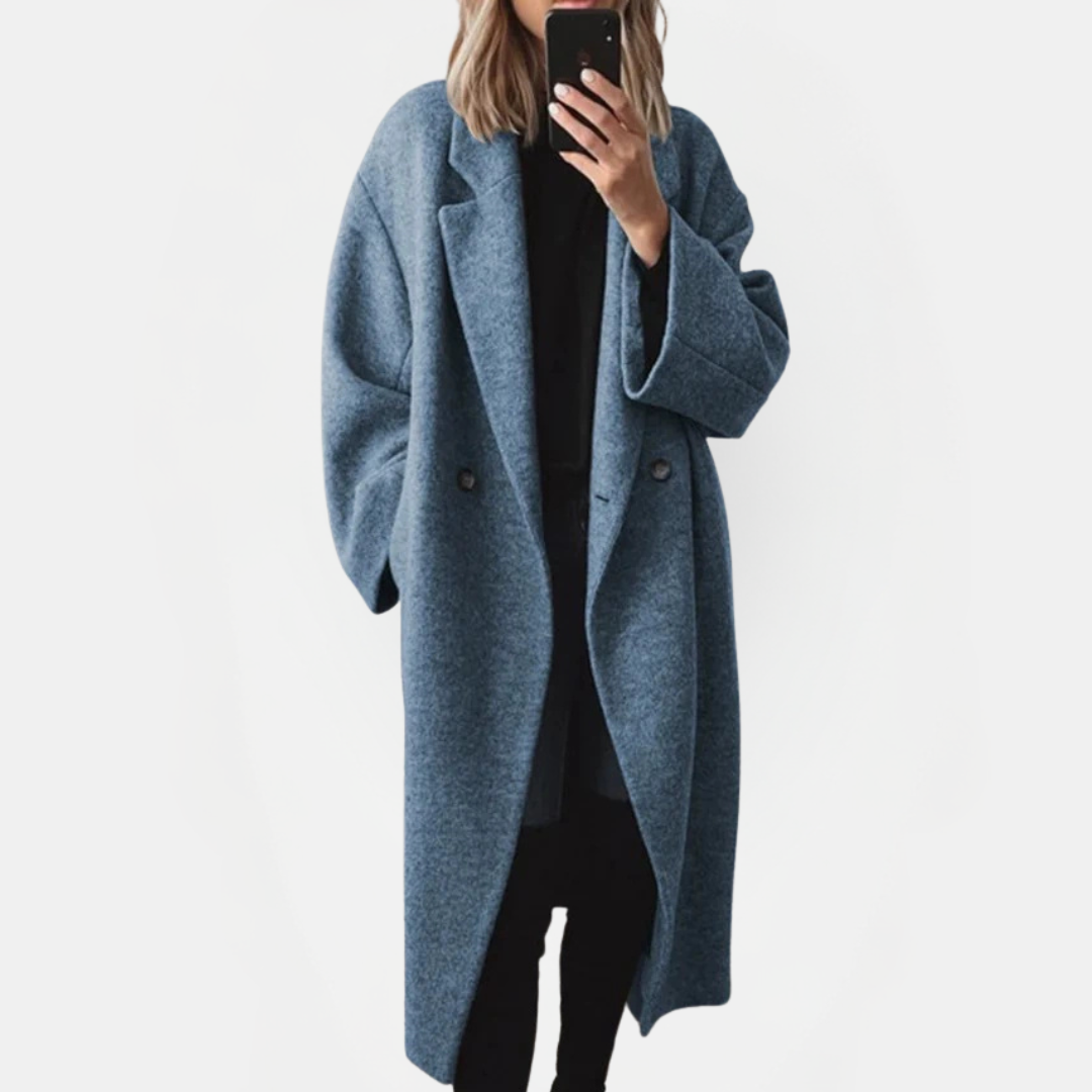 Cappotto Donna Lungo Doppiopetto in Misto Lana con Collo a Revers