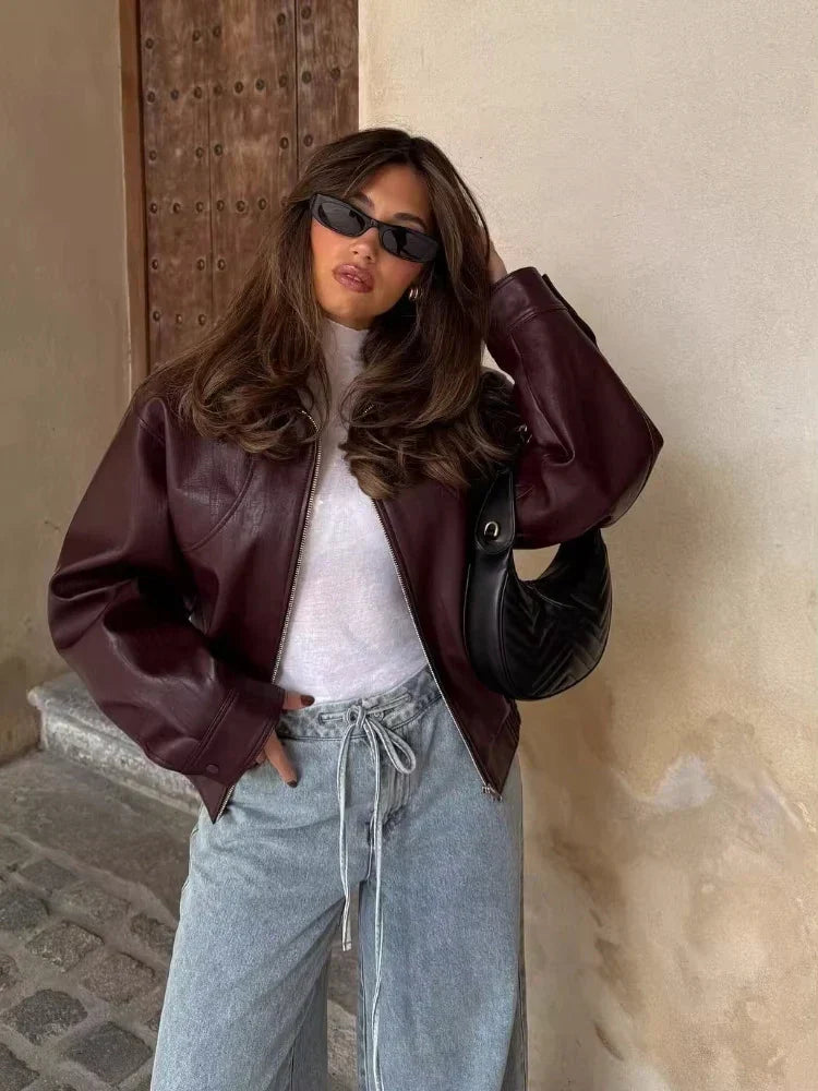 Giacca Bomber Donna Oversize in Ecopelle, Modello Corto Autunnale