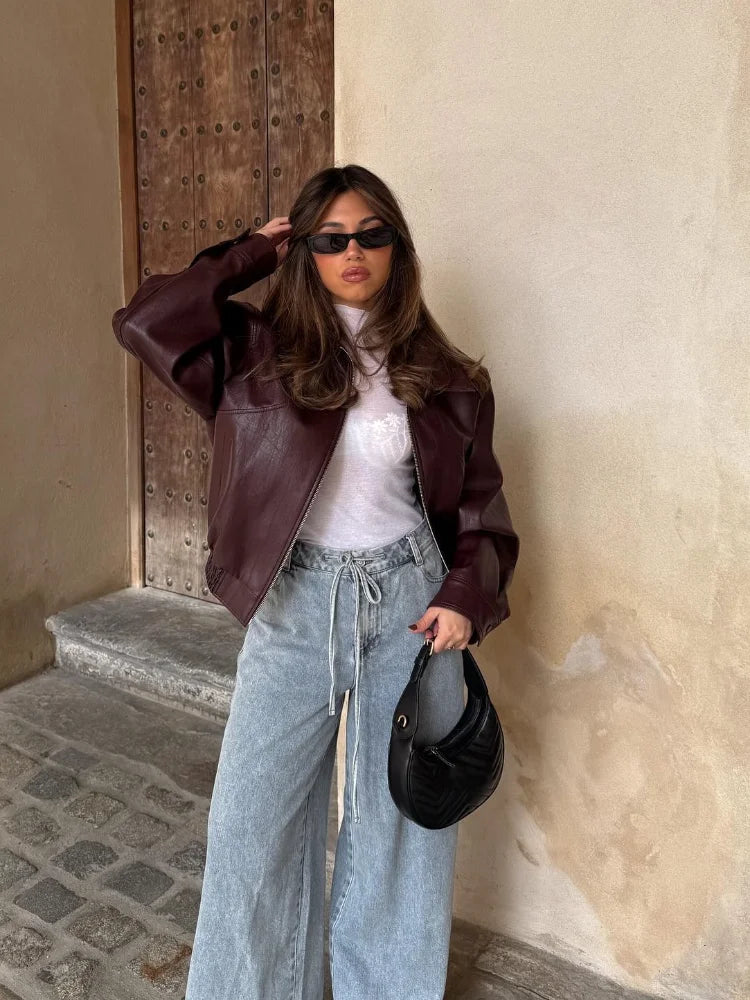 Giacca Bomber Donna Oversize in Ecopelle, Modello Corto Autunnale